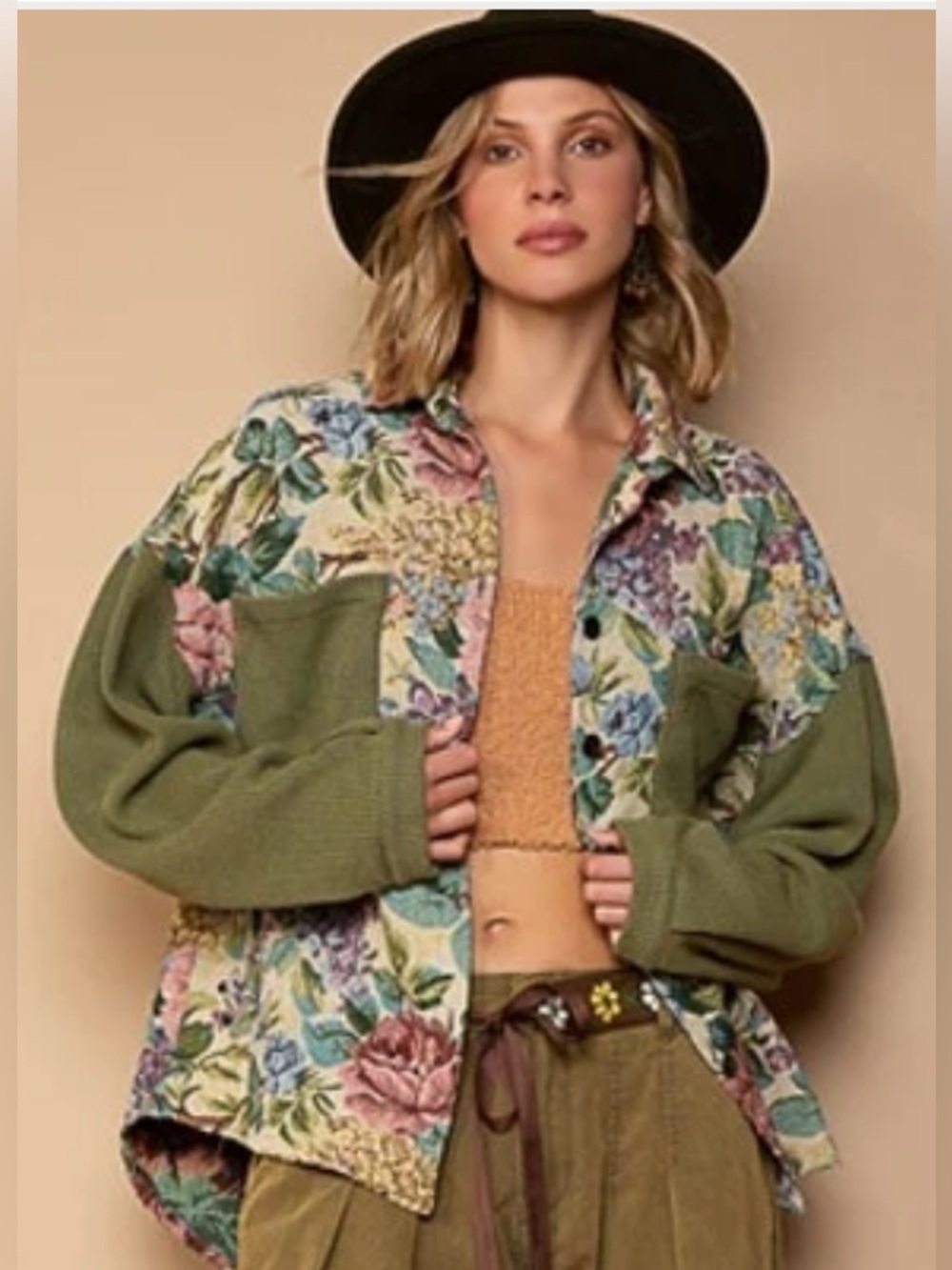 💚POL🌺 size Medium Mixed-Media Floral Tapestry Patchwork with Olive thermal Knit